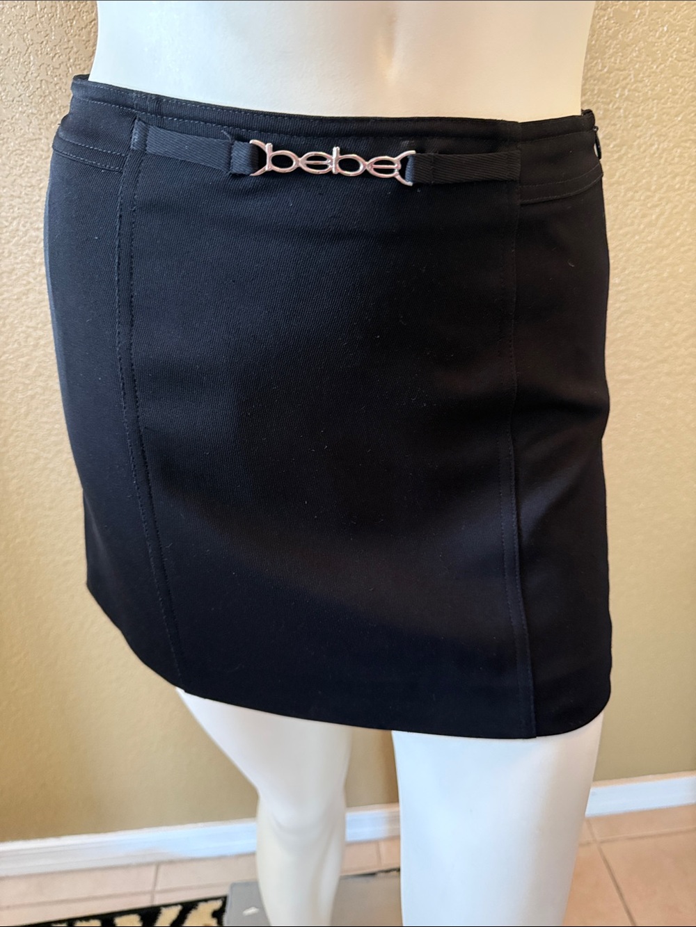 1990s vintage bebe Black Mini Skirt with Logo Buckle